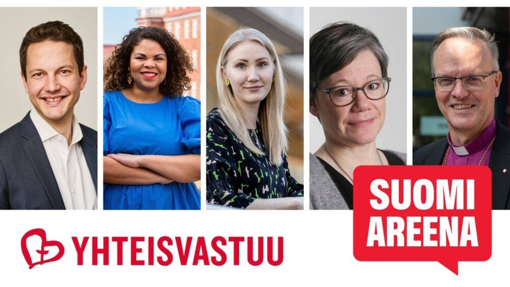 Kuvakollaasi, jossa vierekkäin puolikuvat kustakin panelistista. Vasemmalta oikealle juontaja Jaakko Loikkanen, Fatim Diarra, Pinja Perholehto, Niina Junttila ja Tapio Luoma. Kuvan alareunassa Yhteisvastuun logo ja SuomiAreenan logo.