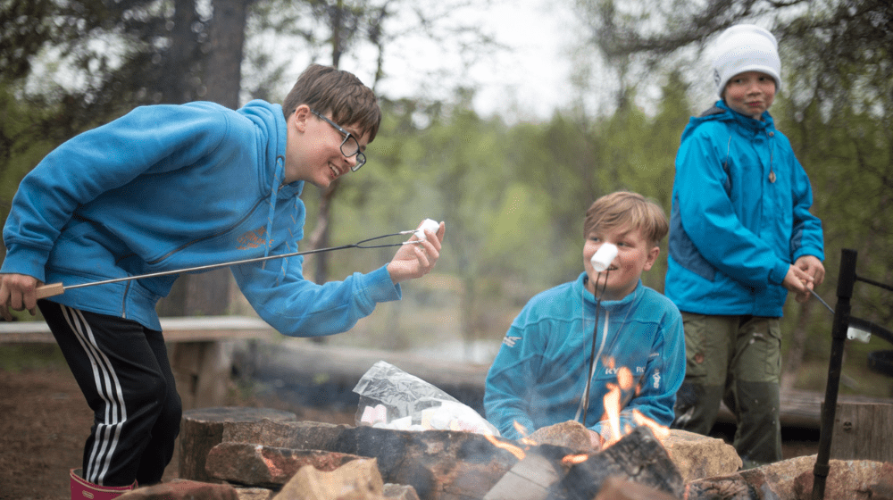 Lapset grillaavat vaahtokarkkeja nuotiolla.