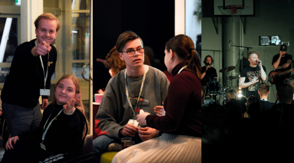 Kolmen kuvan kollaasi. Vasemmalla olevassa kuvassa nuori osoittaa kameraa ja toinen nuori istuu hänen vieressään. Keskellä nuori kuuntelee keskittyneesti ja toinen nuori on selkä kameraan päin. Kolmannessa kuvassa bändi esiintyy lavalla.