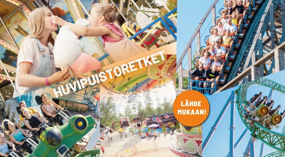 Kollaasi erilaisista huvipuistossa otetuista kuvista. Kuvissa on aikuisia, lapsia ja nuoria huvipuistolaitteissa. Yhdessä kuvassa lapsi ojentaa hattaraa naiselle.