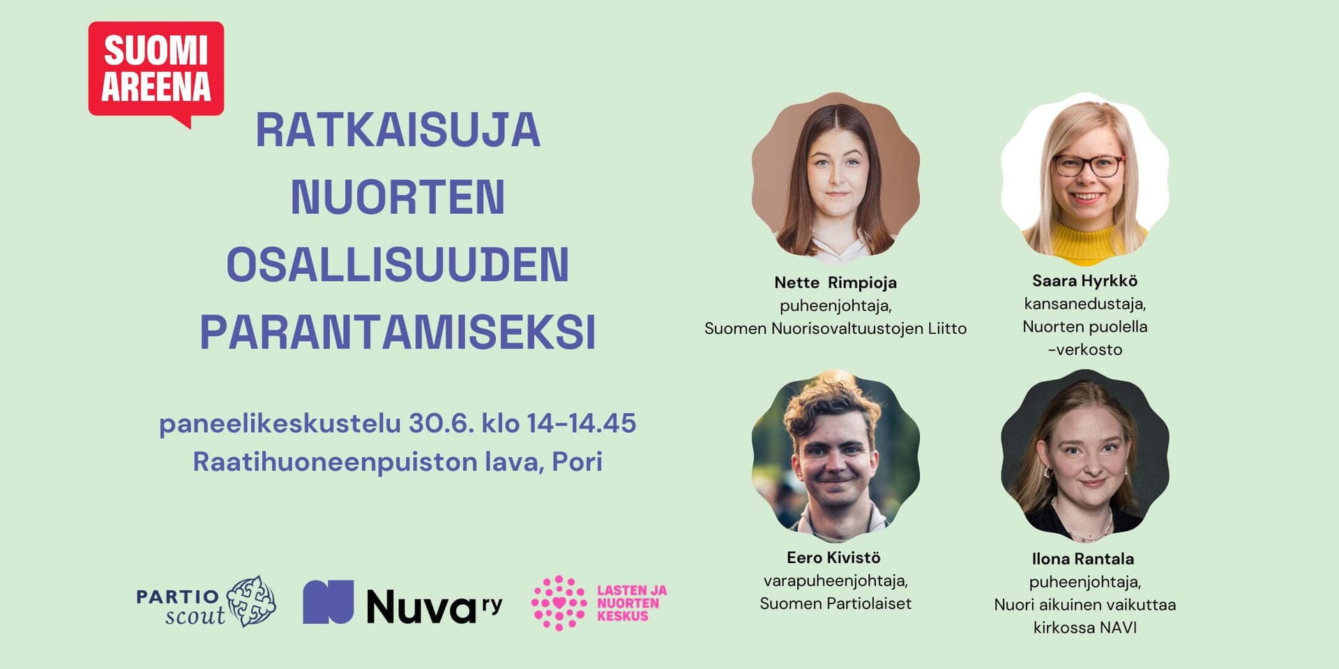 SuomiAreenan yhteispaneelin tiedot ja kuvat panelisteista.