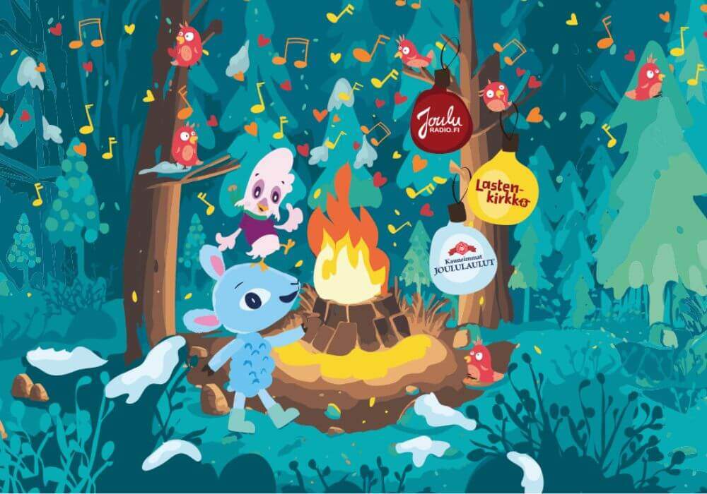 Lastenkirkon joulukalenterissa seikkailevat Päkä ja Pulmu. Taustalla on metsä ja nuotio. Ilmassa leijuu nuotteja ja sydämiä. Puuhun on ripustettu joulupallot, joissa lukee Lastenkirkko, Jouluradio ja Suomen Lähetysseura.