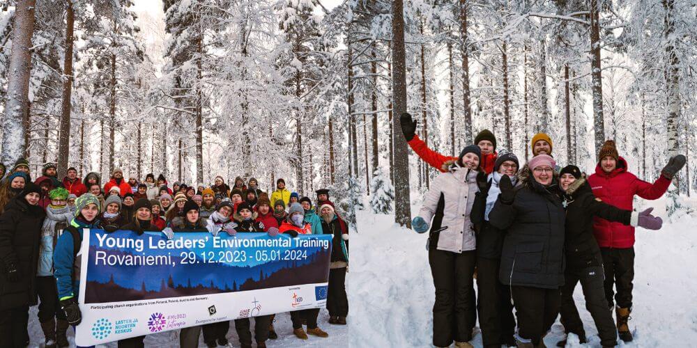 Vasemmalla ilmastoleirin osallistujat neljästä eri maasta pitämässä ilmastoleirin kylttiä. Taustalla luminen metsä. Oikealla Suomen ryhmä taustalla luminen metsä.