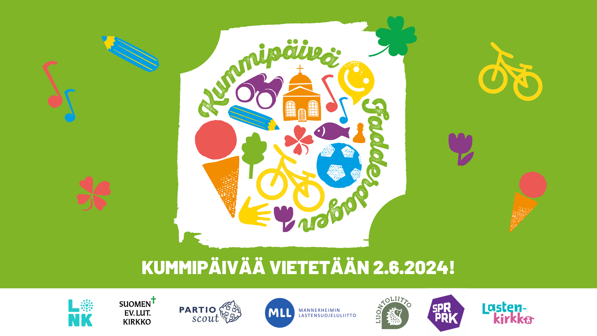 Kummipäivän logo vihreällä taustalla. Ympärillä Kummipäivän grafiikoita, kuten polkupyörä, jäätelötötterö ja kukka. Alareunassa Kummipäivän yhteistyökumppaneiden logot.