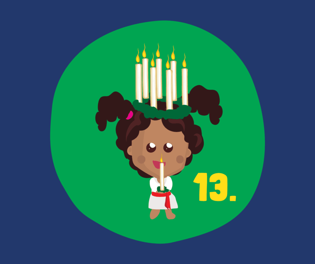 Tumma tyttöoletettu Lucia-hahmo piirrettynä.